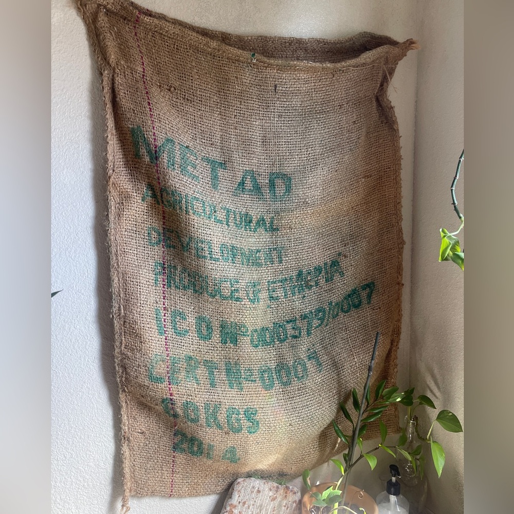 Ethiopian Africa Coffee Burlap Sack 39 X 27 Inches - Green And Brown Distressed